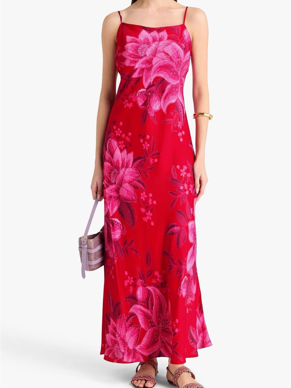 FARM Rio Red Floral Slip Maxi Dress with Pink Blooms - Picture 1 of 8